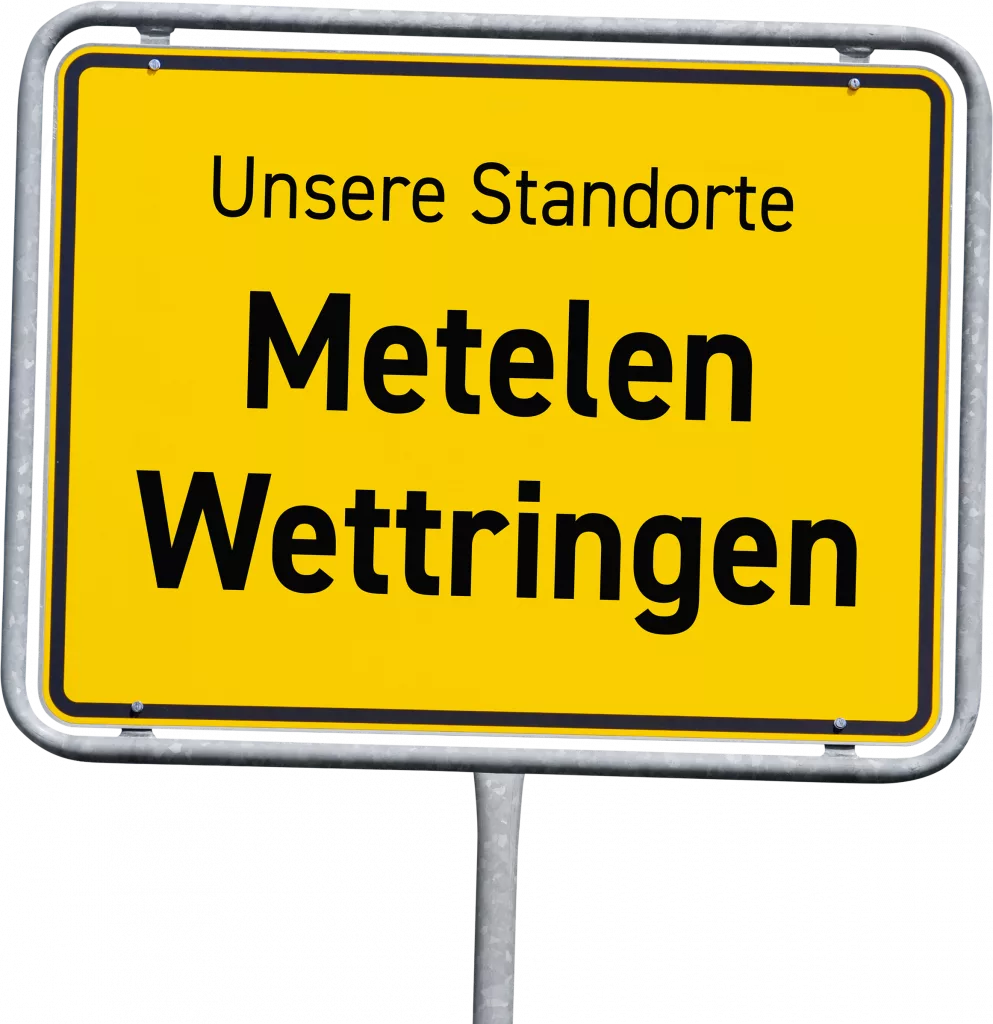 Ortsschild mit den Standorten der Tagespflegeeinrichtungen der Firma Leusbrock Pflege in Wettringen und Metelen.
